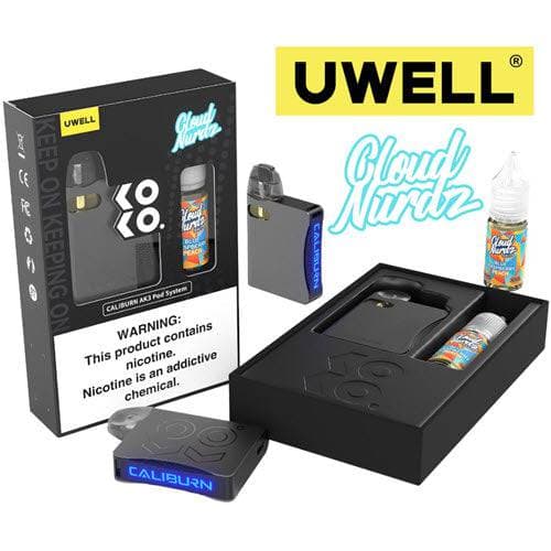 Uwell Caliburn AK3 Pod Kit & Salt 10ML Bundle - Cloud Nurdz Blue Raspberry Peach 10ml 50MG - Grey Device